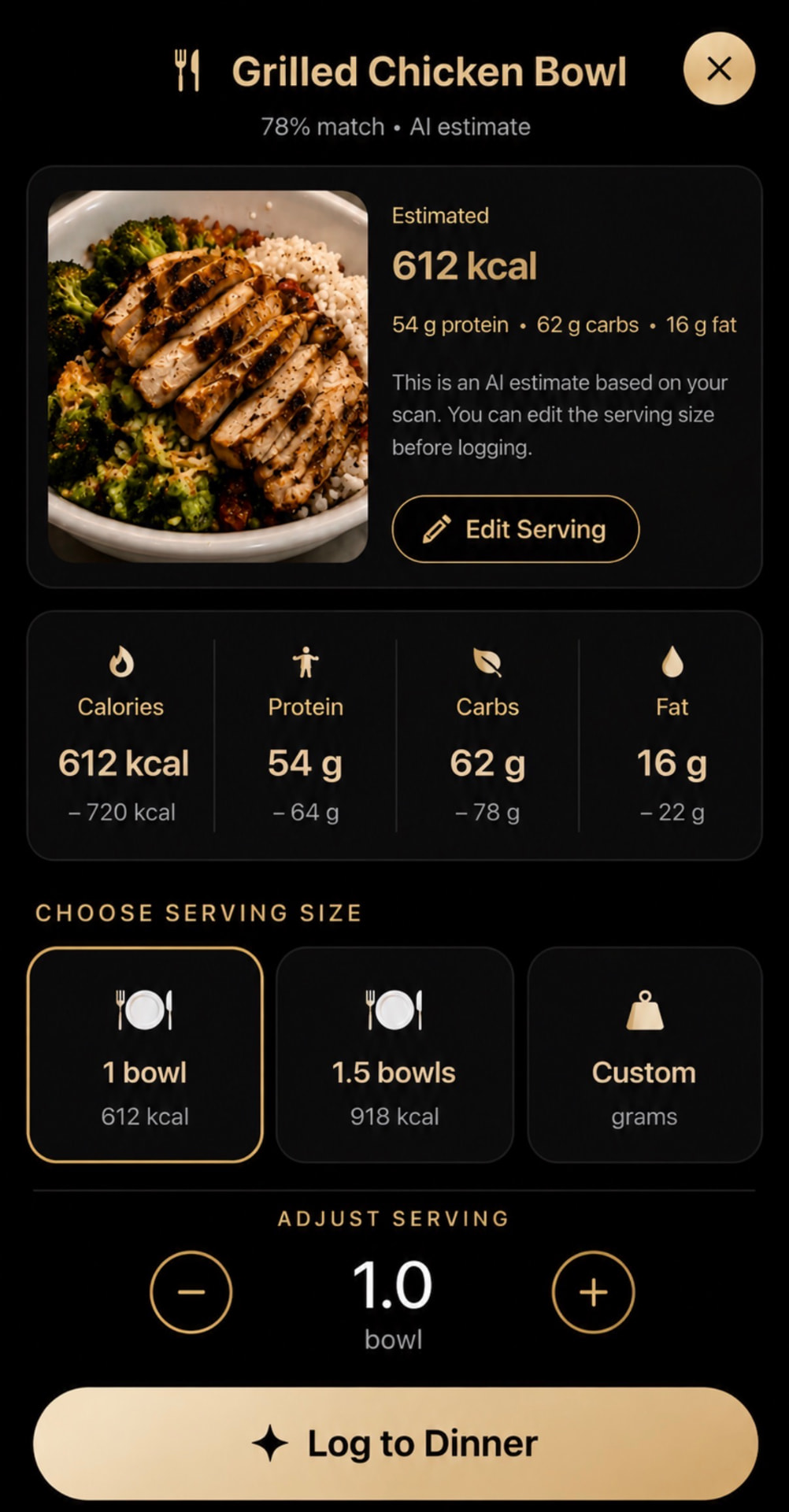 VERELLE instant calorie and macro analysis of a scanned meal