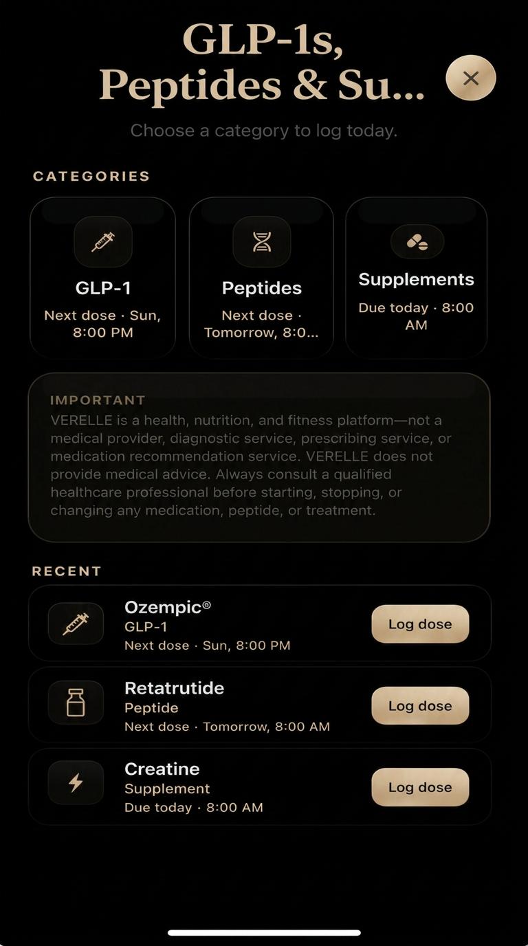 The VERELLE home dashboard showing daily nutrition, protocols, and progress
